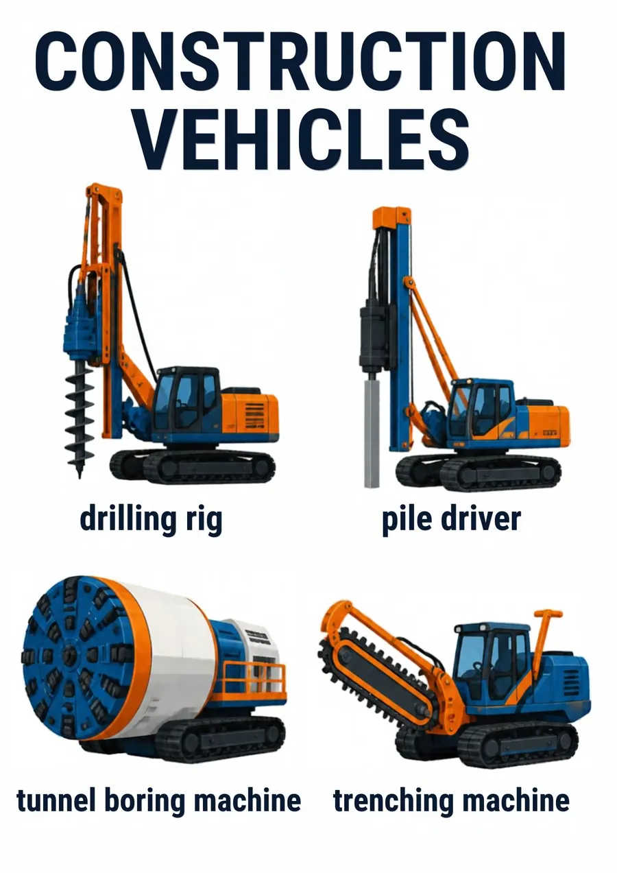 A transportation flashcard headed Construction Vehicles: a drilling rig, a pile driver, a telehandler and a boom lift, each labeled.