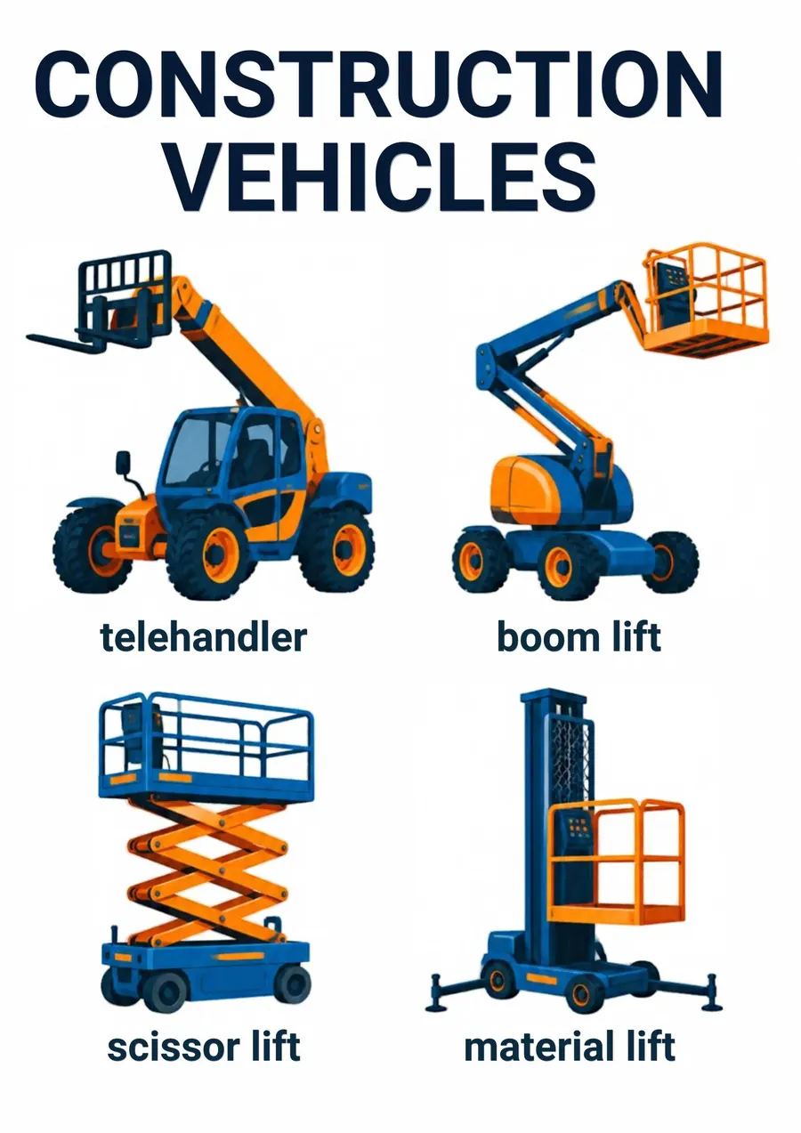 A transportation flashcard headed Construction Vehicles: a scissor lift, a material lift, a tunnel boring machine and a trenching machine, each labeled.
