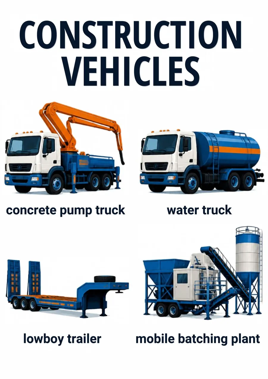 A transportation flashcard headed Construction Vehicles: a concrete pump truck, a water truck, a lowboy trailer and a mobile batching plant, each labeled.