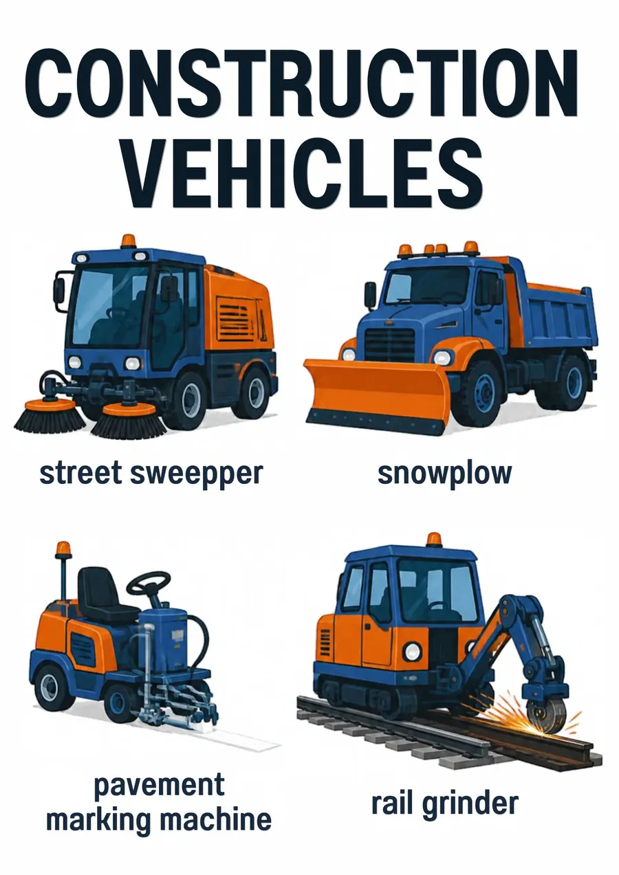 A transportation flashcard headed Construction Vehicles: a street sweeper, a snowplow, a pavement marking machine and a rail grinder, each labeled.