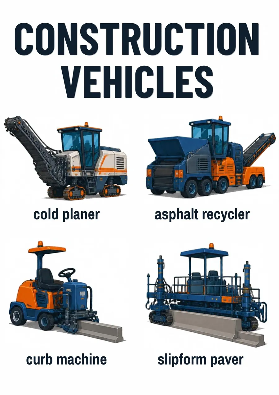 A transportation flashcard headed Construction Vehicles: a cold planer, an asphalt recycler, a curb machine and a slipform paver, each labeled.