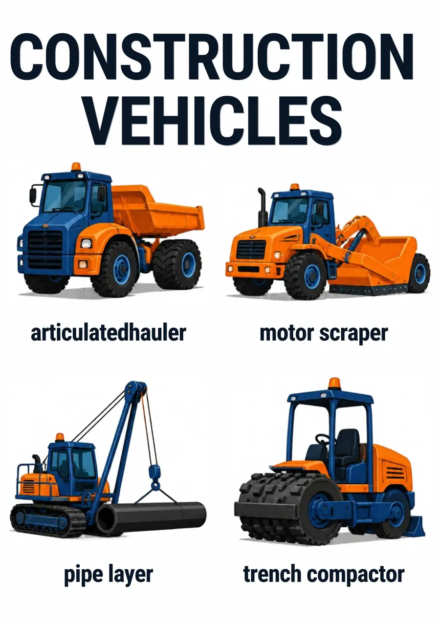 A transportation flashcard headed Construction Vehicles: an articulated hauler, a motor scraper, a pipe layer and a trench compactor, each labeled.