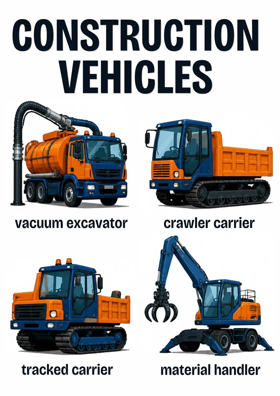 A transportation flashcard headed Construction Vehicles: a vacuum excavator, a crawler carrier, a tracked carrier and a material handler, each labeled.