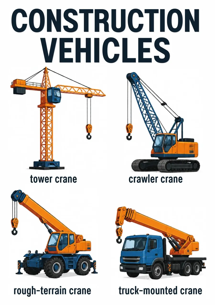 A transportation flashcard headed Construction Vehicles: a tower crane, a crawler crane, a rough-terrain crane and a truck-mounted crane, each labeled.