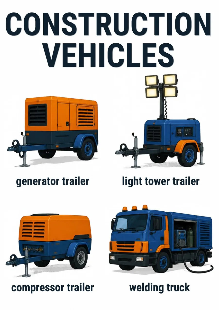 A transportation flashcard headed Construction Vehicles: a generator trailer, a light tower trailer, a compressor trailer and a welding truck, each labeled.