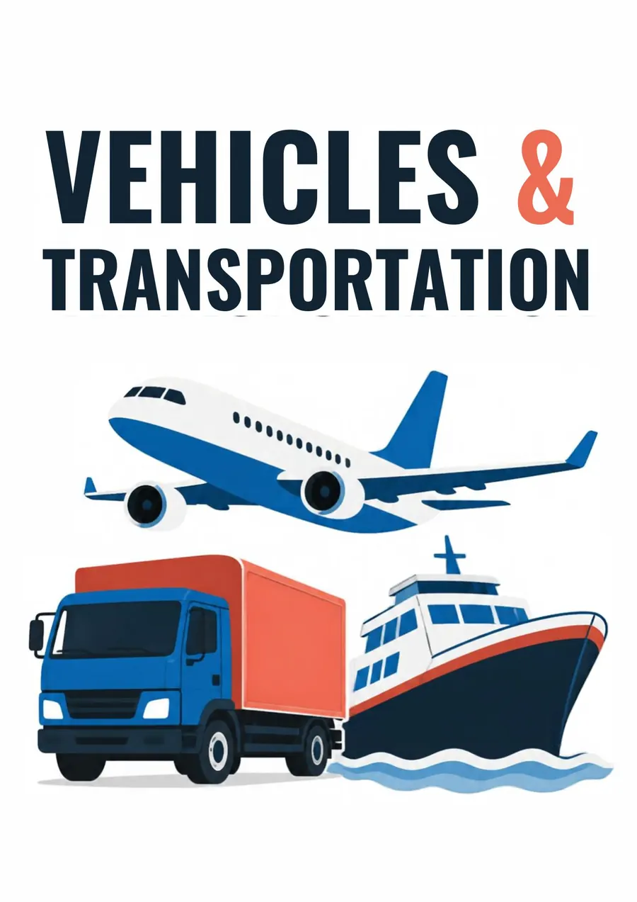 Cover of the Transportation & Vehicles flashcards set: an airplane, a truck, a ship and a bus under the words Vehicles & Transportation.