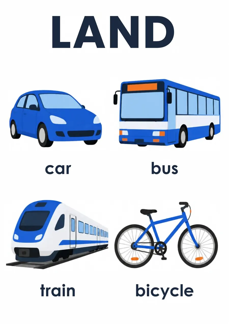 A transportation flashcard headed Land: a car, a bus, a train and a bicycle, each labeled.