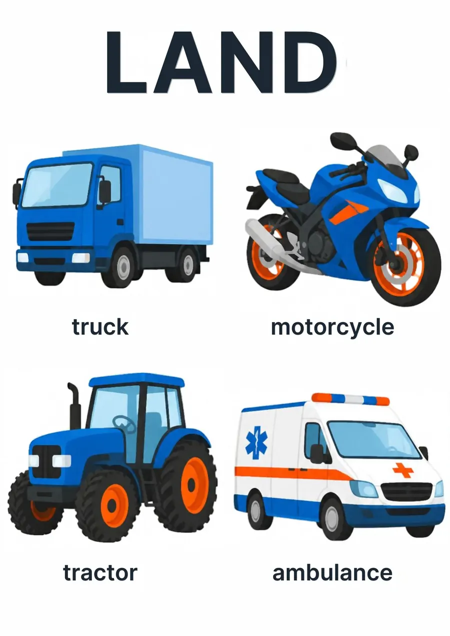 A transportation flashcard headed Land: a truck, a motorcycle, a tractor and an ambulance, each labeled.