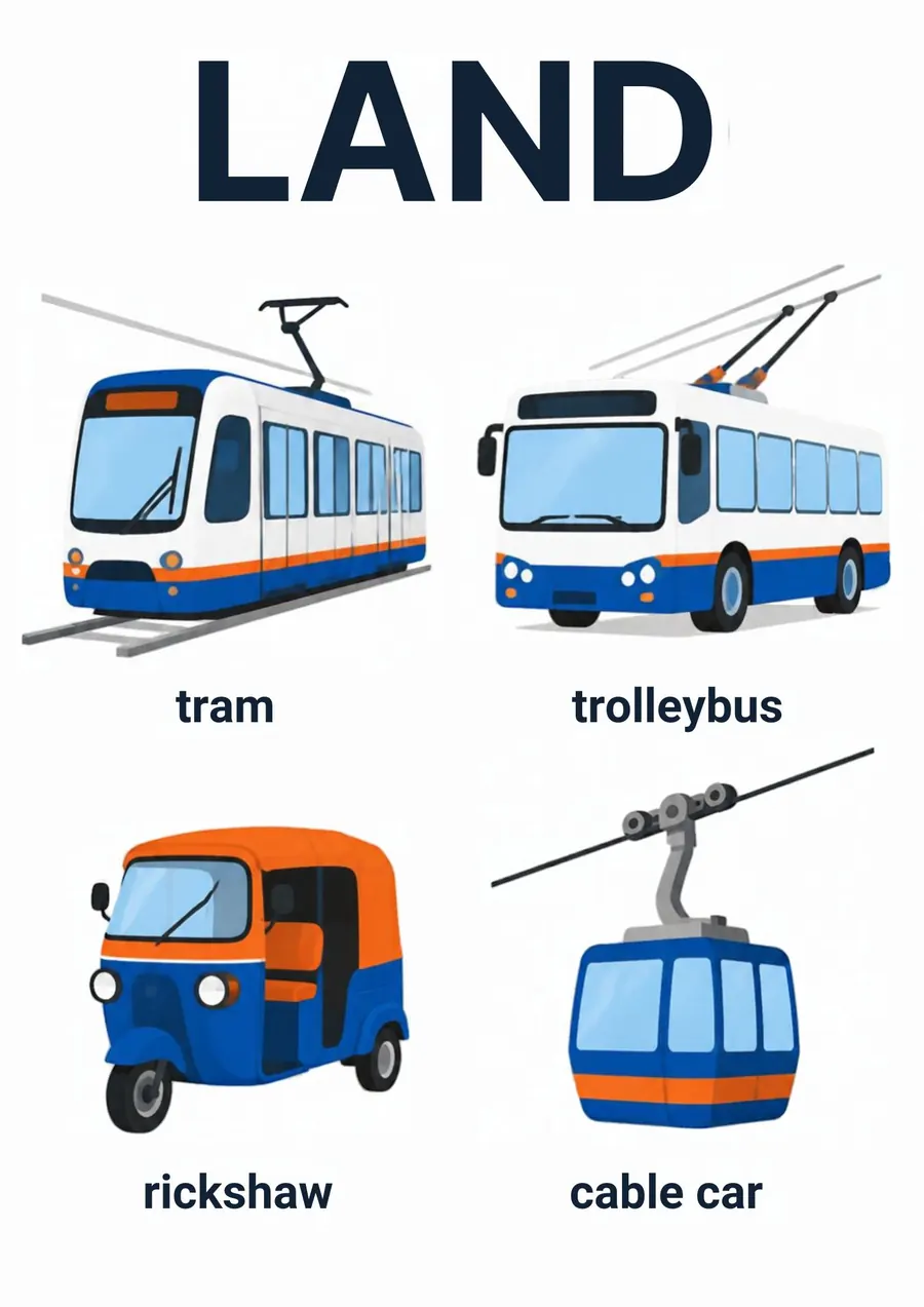 A transportation flashcard headed Land: a tram, a trolleybus, a rickshaw and a cable car, each labeled.