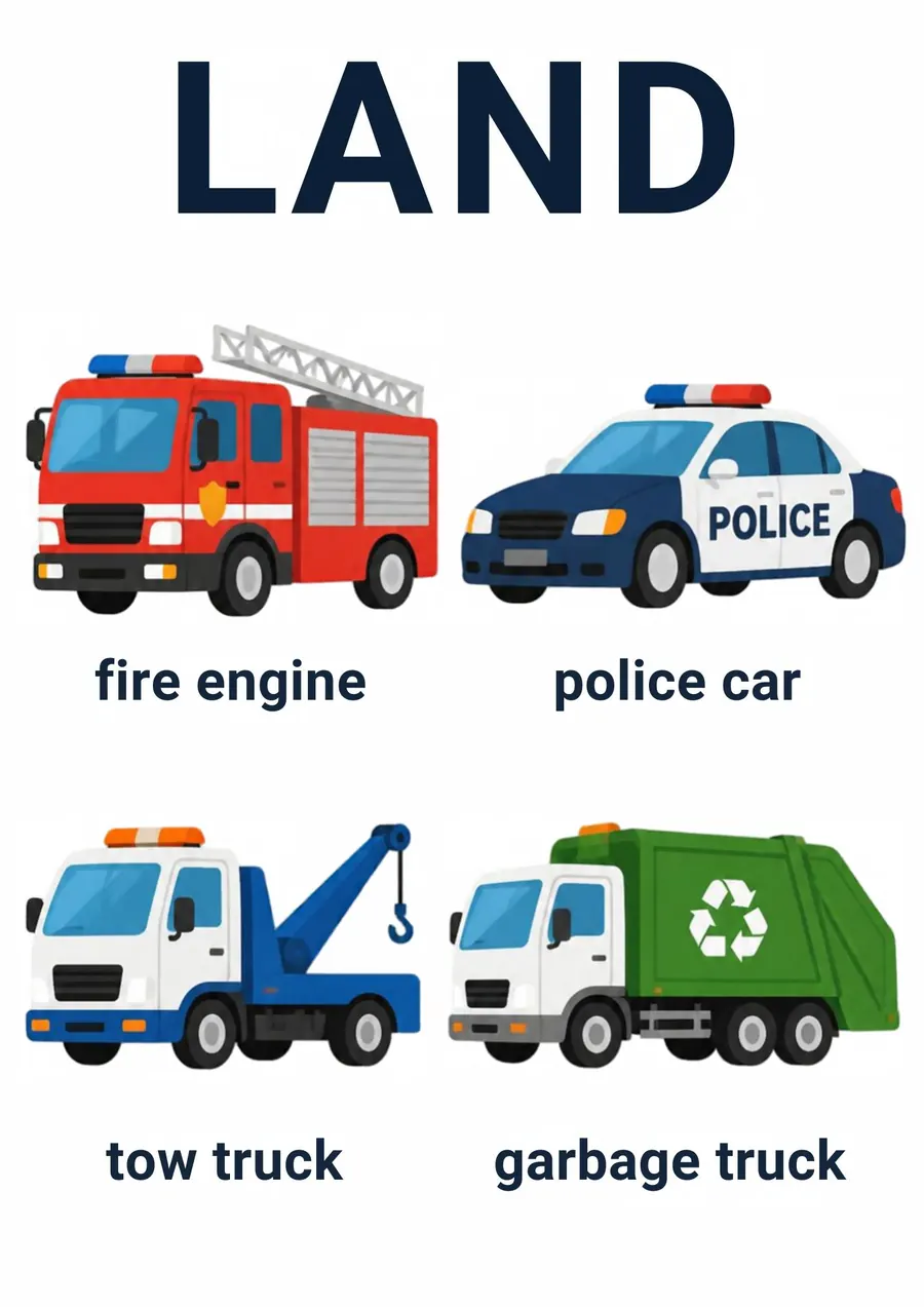 A transportation flashcard headed Land: a fire engine, a police car, a tow truck and a garbage truck, each labeled.