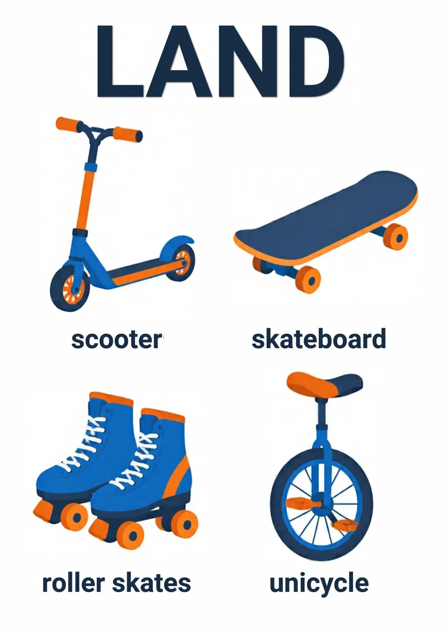 A transportation flashcard headed Land: a scooter, a skateboard, roller skates and a unicycle, each labeled.