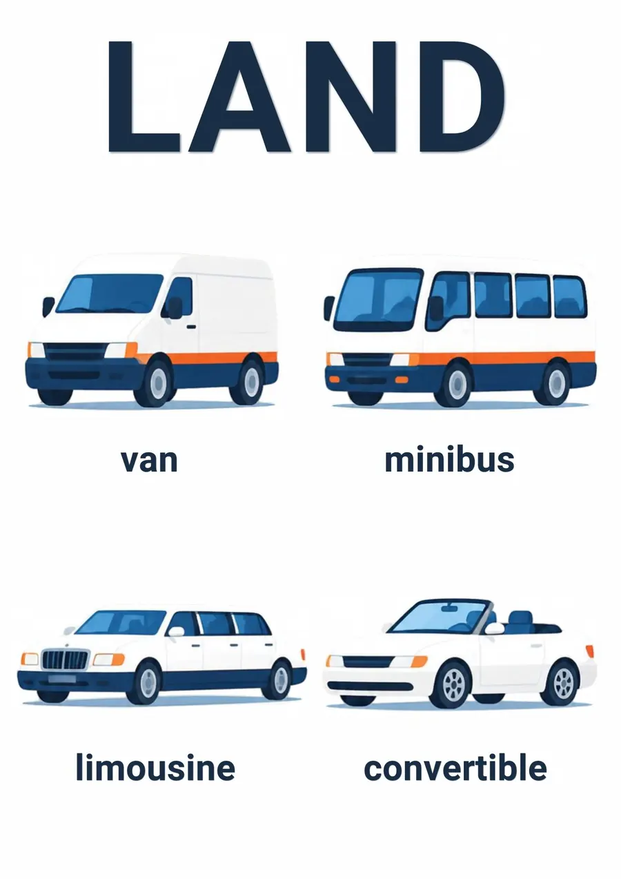 A transportation flashcard headed Land: a van, a minibus, a limousine and a convertible, each labeled.