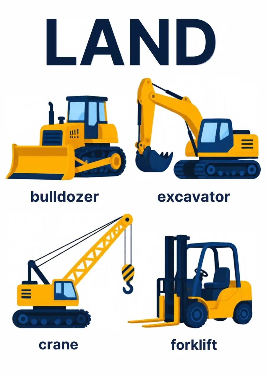 A transportation flashcard headed Land: a bulldozer, an excavator, a crane and a forklift, each labeled.