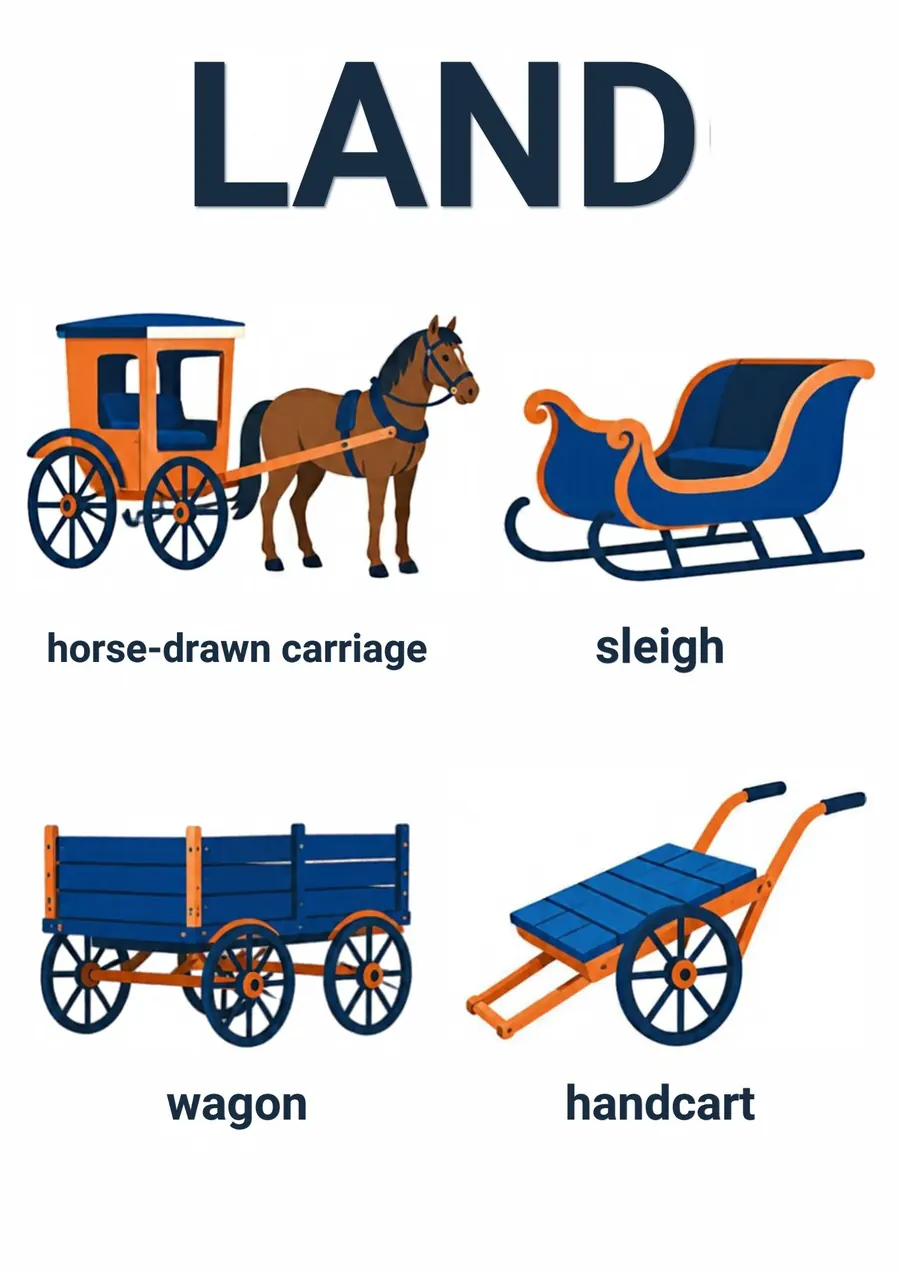 A transportation flashcard headed Land: a horse-drawn carriage, a sleigh, a wagon and a handcart, each labeled.