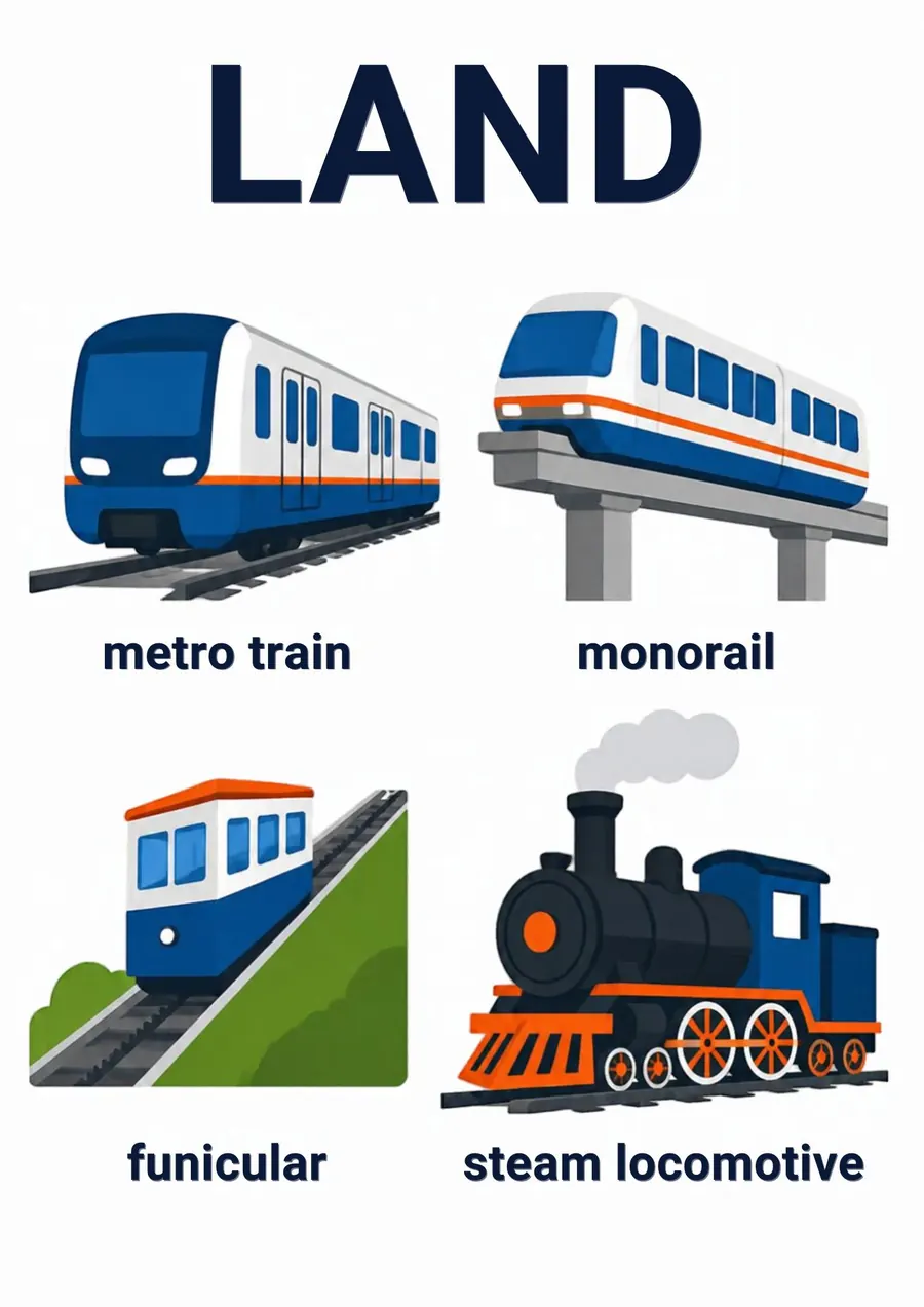 A transportation flashcard headed Land: a metro train, a monorail, a funicular and a steam locomotive, each labeled.