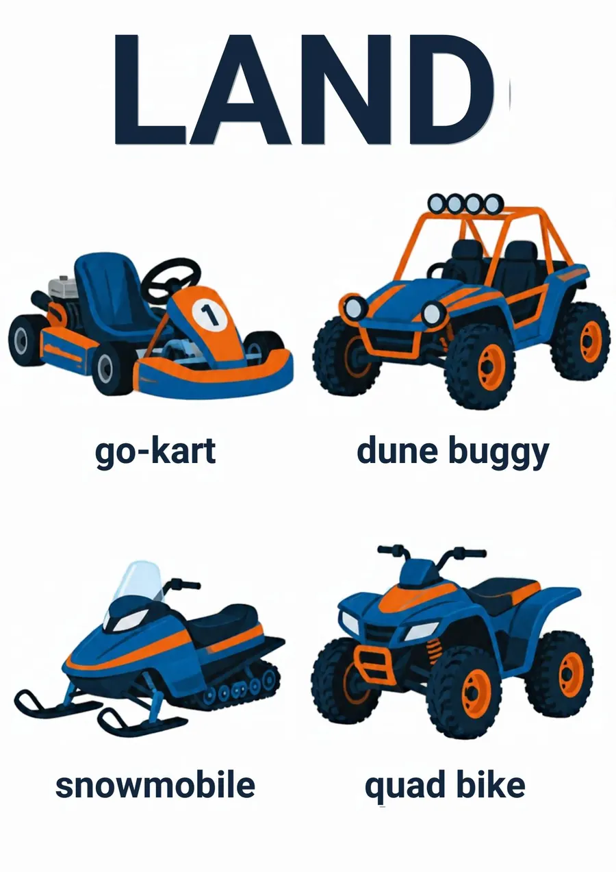 A transportation flashcard headed Land: a go-kart, a dune buggy, a snowmobile and a quad bike, each labeled.