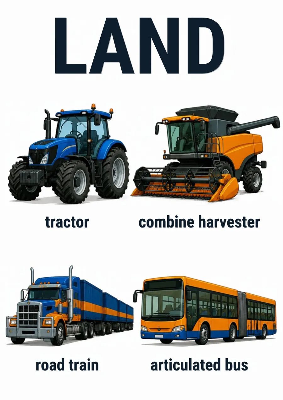A transportation flashcard headed Land: a tractor, a combine harvester, a road train and an articulated bus, each labeled.