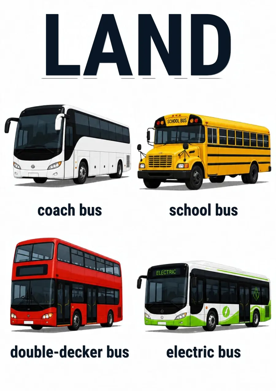 A transportation flashcard headed Land: a coach bus, a school bus, a double-decker bus and an electric bus, each labeled.