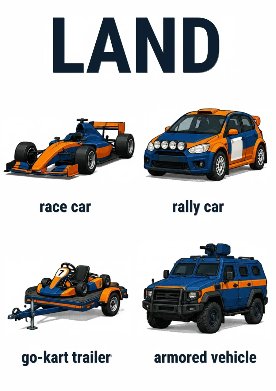 A transportation flashcard headed Land: a race car, a rally car, a go-kart trailer and an armored vehicle, each labeled.