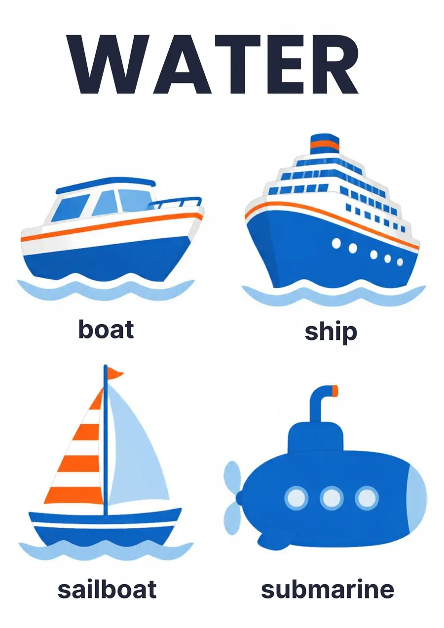 A transportation flashcard headed Water: a boat, a ship, a sailboat and a submarine, each labeled.