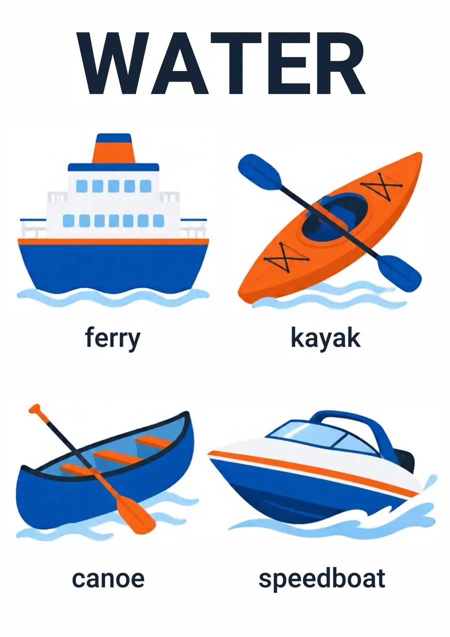 A transportation flashcard headed Water: a ferry, a kayak, a canoe and a speedboat, each labeled.