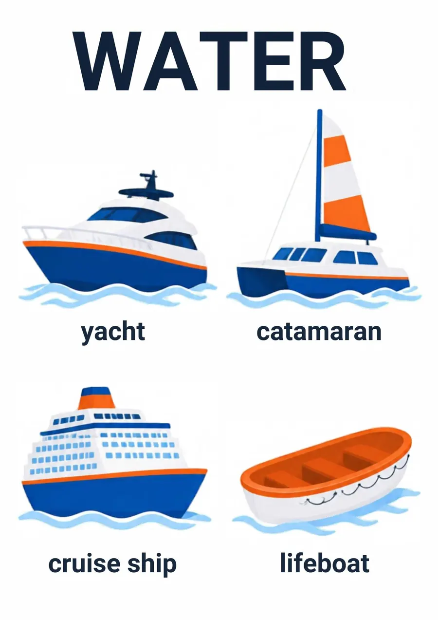 A transportation flashcard headed Water: a yacht, a catamaran, a cruise ship and a lifeboat, each labeled.
