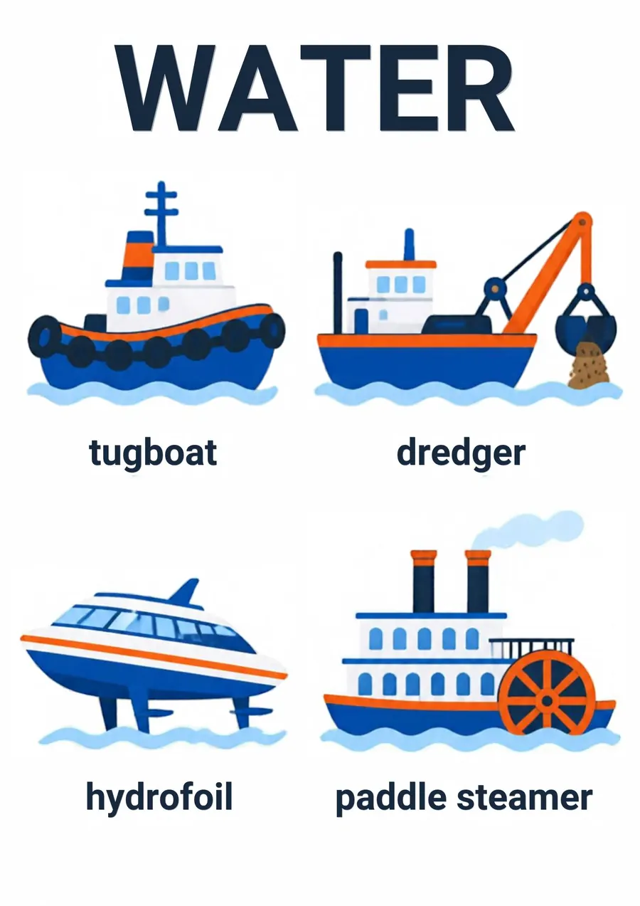 A transportation flashcard headed Water: a tugboat, a dredger, a hydrofoil and a paddle steamer, each labeled.