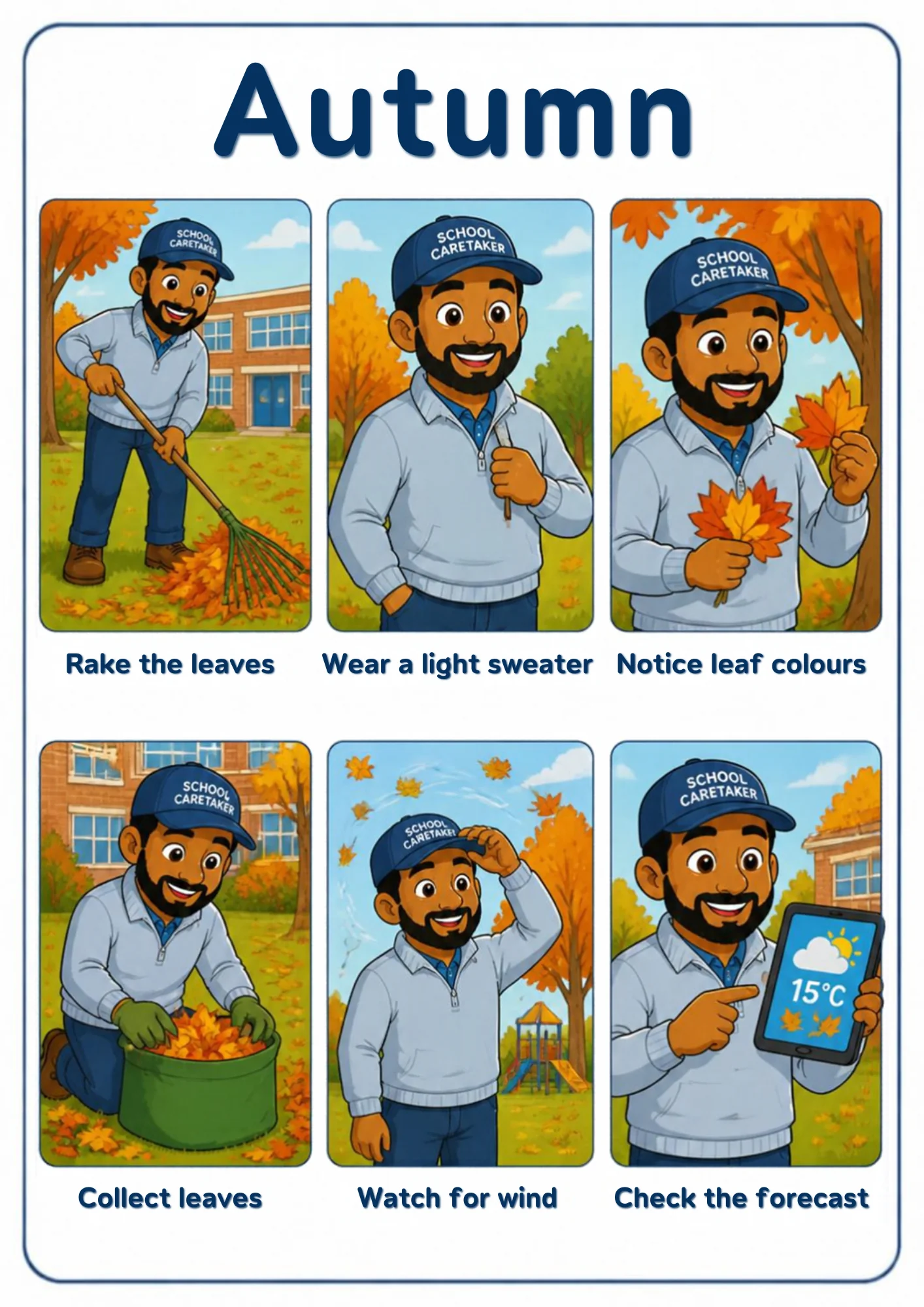 A weather flashcard titled Autumn: a school caretaker in a cap rakes orange leaves by the school, wears a light sweater, holds colourful maple leaves, collects leaves into a green bag, holds his hat in the wind and reads a 15°C forecast.