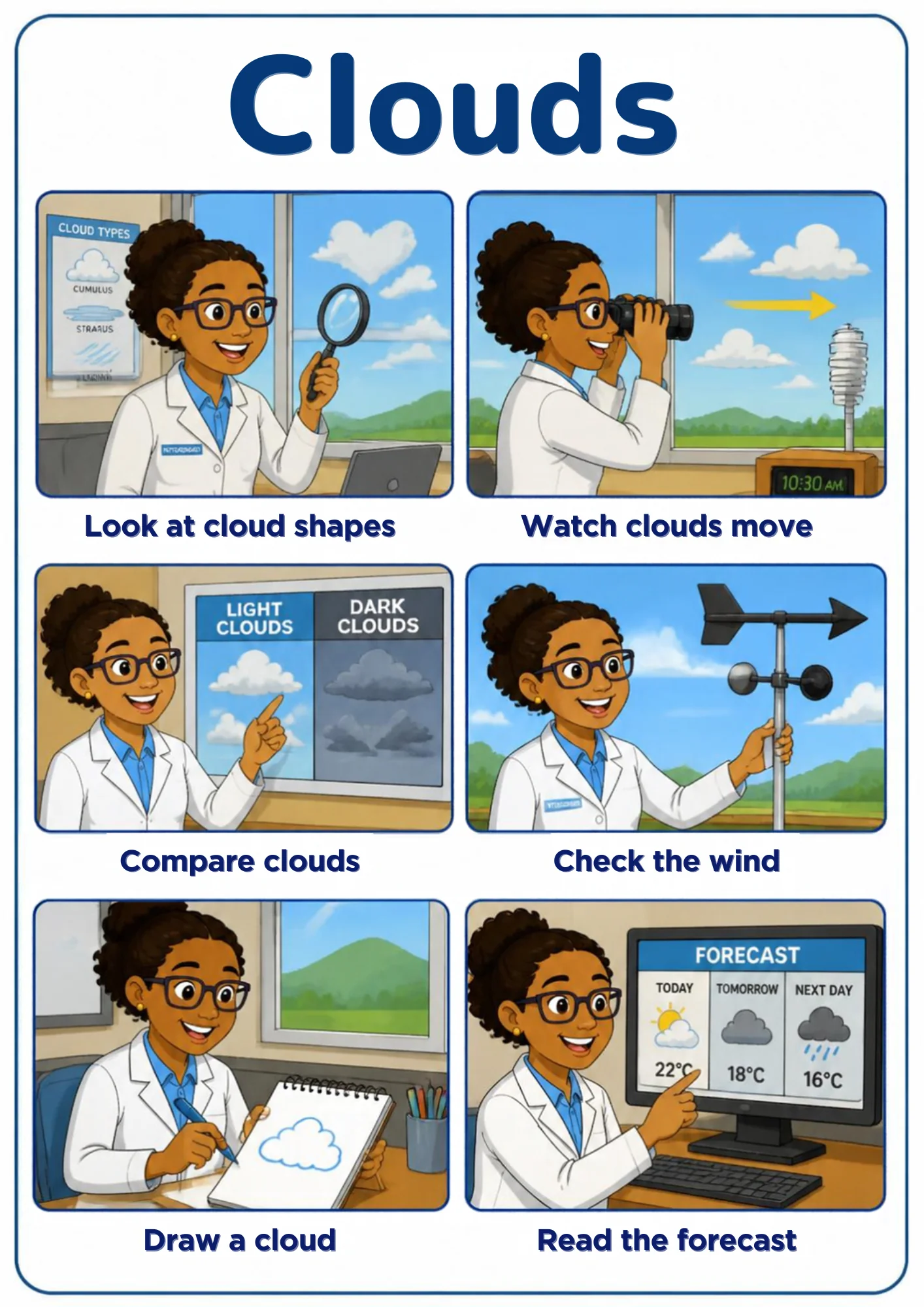 A weather flashcard titled Clouds: a meteorologist in a white lab coat looks at cloud shapes through a magnifying glass, watches clouds move, compares light and dark clouds, checks a weather vane, draws a cloud and reads a forecast screen.