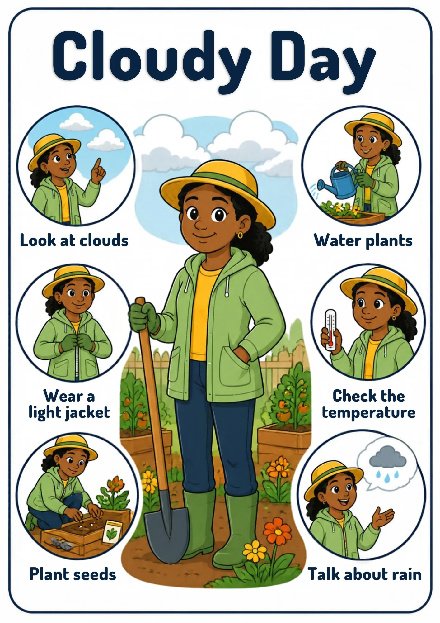 A weather flashcard titled Cloudy Day: a gardener in a yellow hat and green jacket stands with a spade under grey clouds while circular pictures show her looking at clouds, watering plants, zipping a light jacket, checking a thermometer, planting seeds and talking about rain.