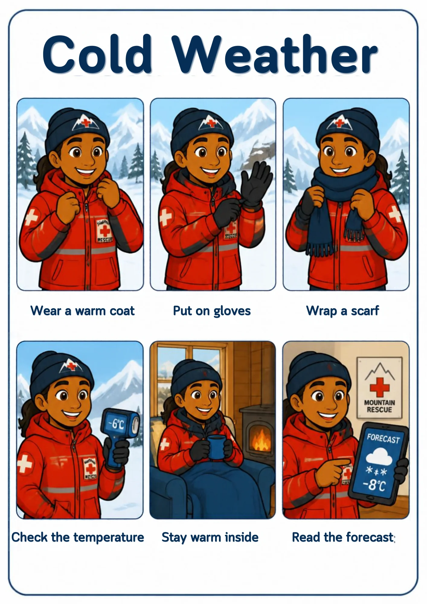 A weather flashcard titled Cold Weather: a mountain-rescue walker in a red jacket fastens it, pulls on gloves and a scarf, checks a −6°C thermometer, warms up inside under a blanket by a stove and reads a −8°C snowy forecast.