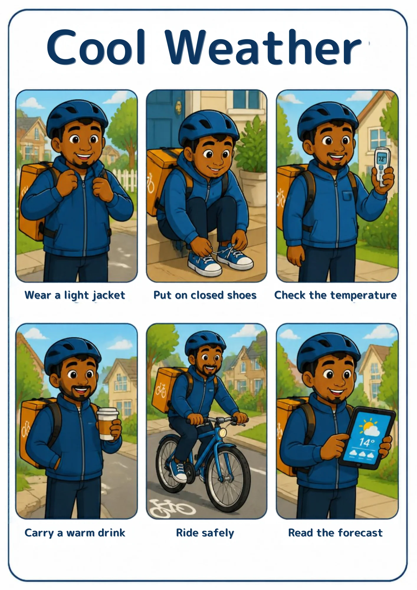 A weather flashcard titled Cool Weather: a bike courier in a blue helmet zips a light jacket, ties his shoes, checks a small thermometer, holds a warm drink, rides in a bike lane and reads a 14° forecast.