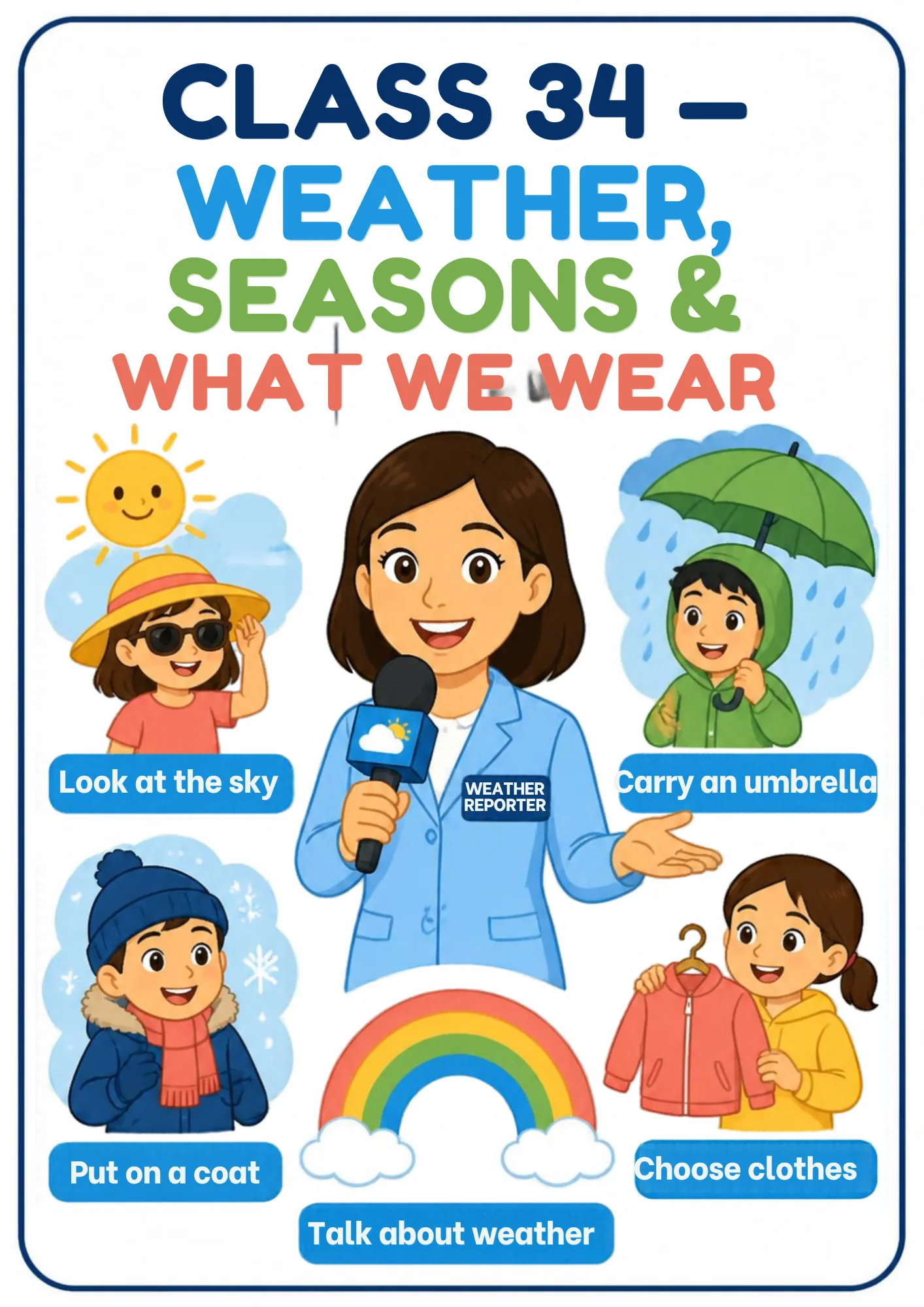 Cover of the Weather, Seasons & What We Wear flashcards set from Kiddo School