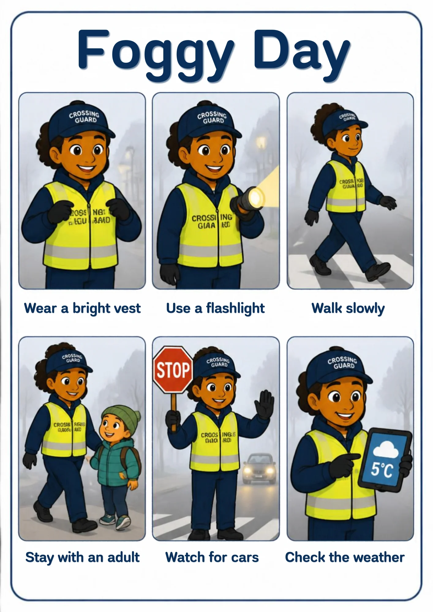 A weather flashcard titled Foggy Day: a crossing guard in a bright high-visibility vest points to it, shines a flashlight, walks slowly across a zebra crossing, guides a child by the hand, holds up a stop sign in front of car headlights in the fog and checks a 5°C forecast.