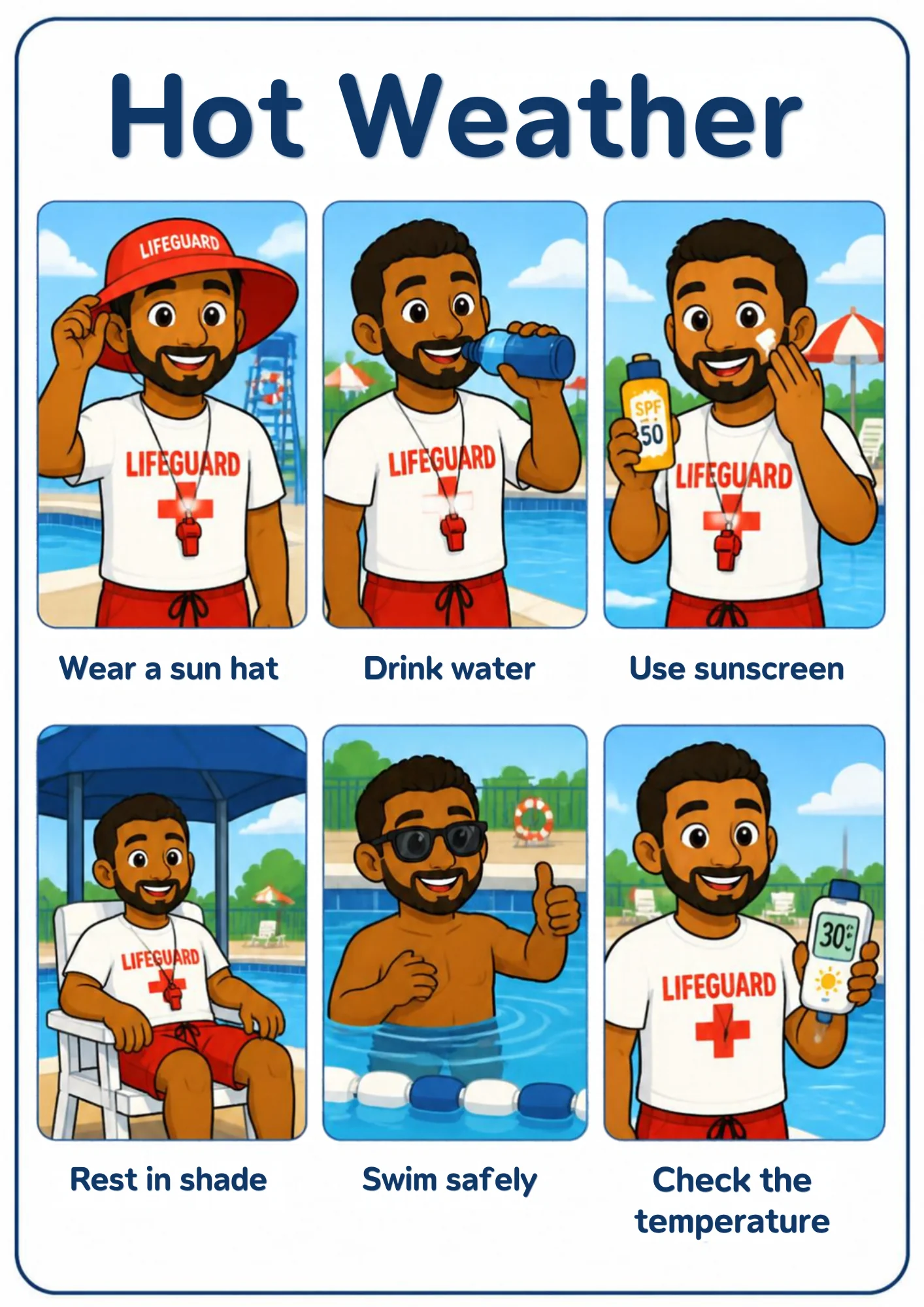 A weather flashcard titled Hot Weather: a lifeguard in a red sun hat puts it on by the pool, drinks water, rubs sunscreen from an SPF 50 bottle, rests in the shade, gives a thumbs-up from the pool and shows a thermometer reading 30°.