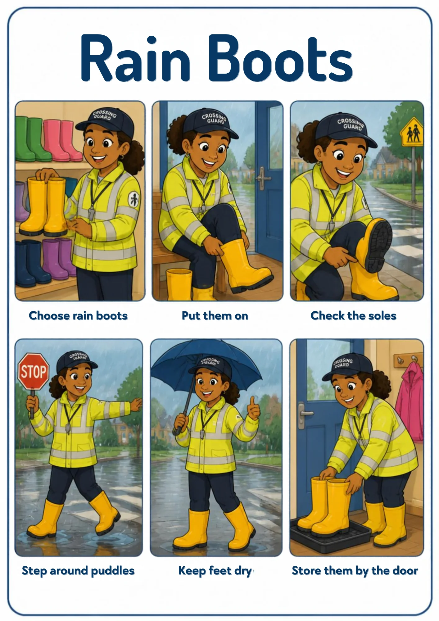 A weather flashcard titled Rain Boots: a crossing guard in a high-visibility jacket chooses yellow rain boots from a shop shelf, pulls them on, checks the soles, steps around puddles at a crossing, gives a thumbs-up under an umbrella and stores the boots on a tray by the door.