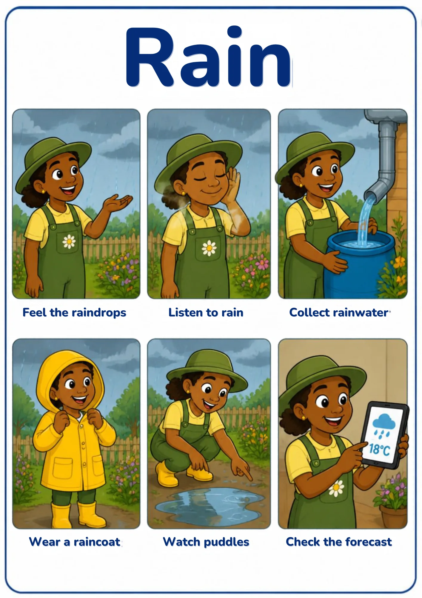 A weather flashcard titled Rain: a girl in a green hat and overalls feels raindrops on her hand, listens to the rain, collects rainwater from a downpipe into a barrel, wears a yellow raincoat, points at a puddle and checks an 18°C forecast.