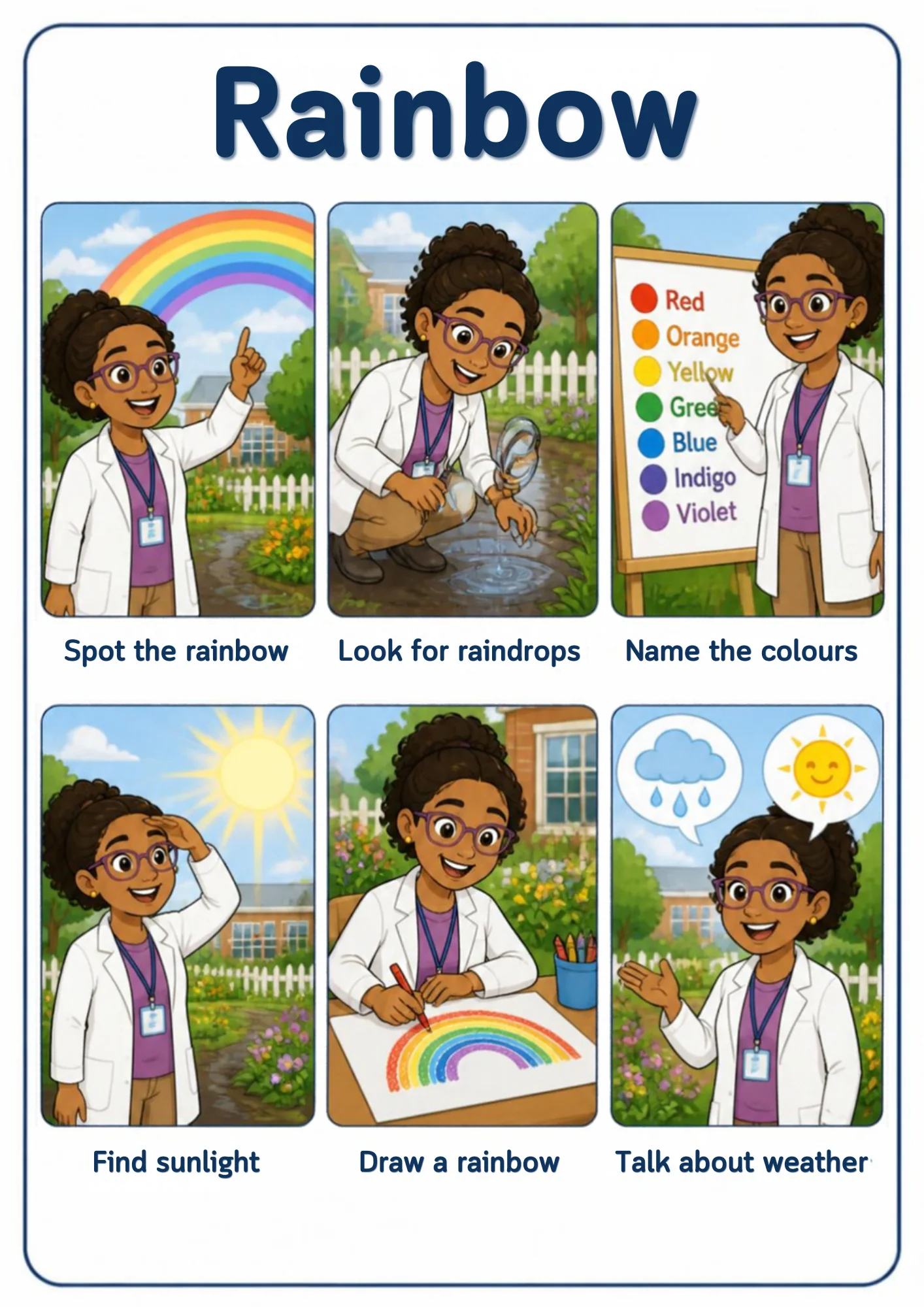 A weather flashcard titled Rainbow: a scientist in a lab coat spots a rainbow over a house, crouches by a puddle with a prism, points at a colour chart naming red, orange, yellow, green, blue, indigo and violet, shades her eyes from the sun, draws a rainbow with crayons and talks about weather.