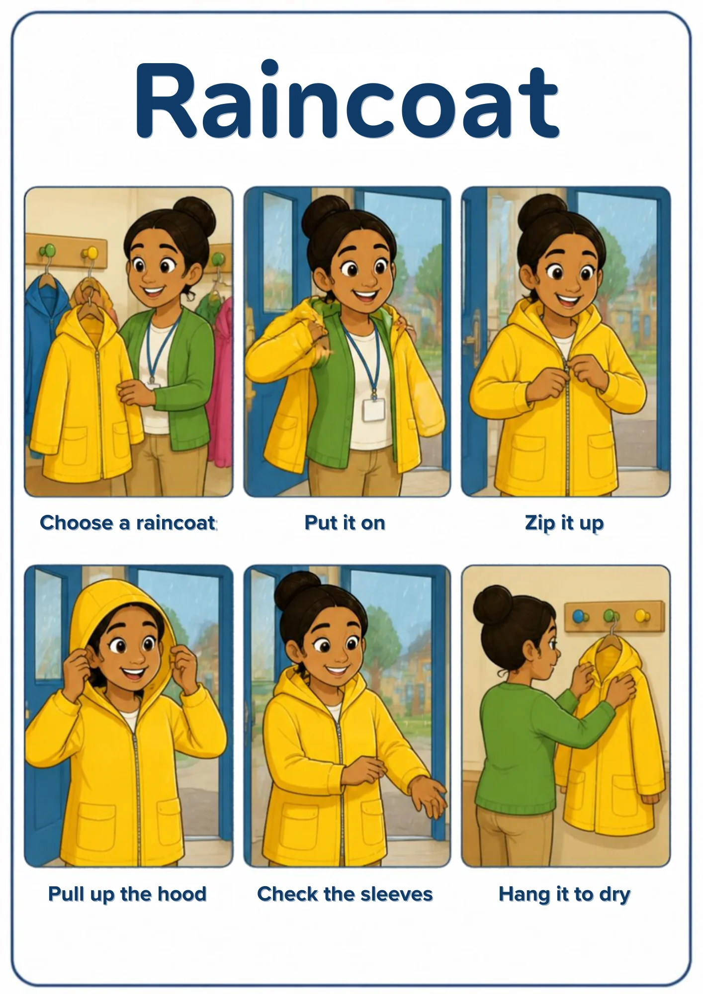 A weather flashcard titled Raincoat: a teacher picks a yellow raincoat from a coat rack, puts it on over her cardigan, zips it up, pulls the hood over her head, checks the sleeves and hangs it back on its peg to dry.