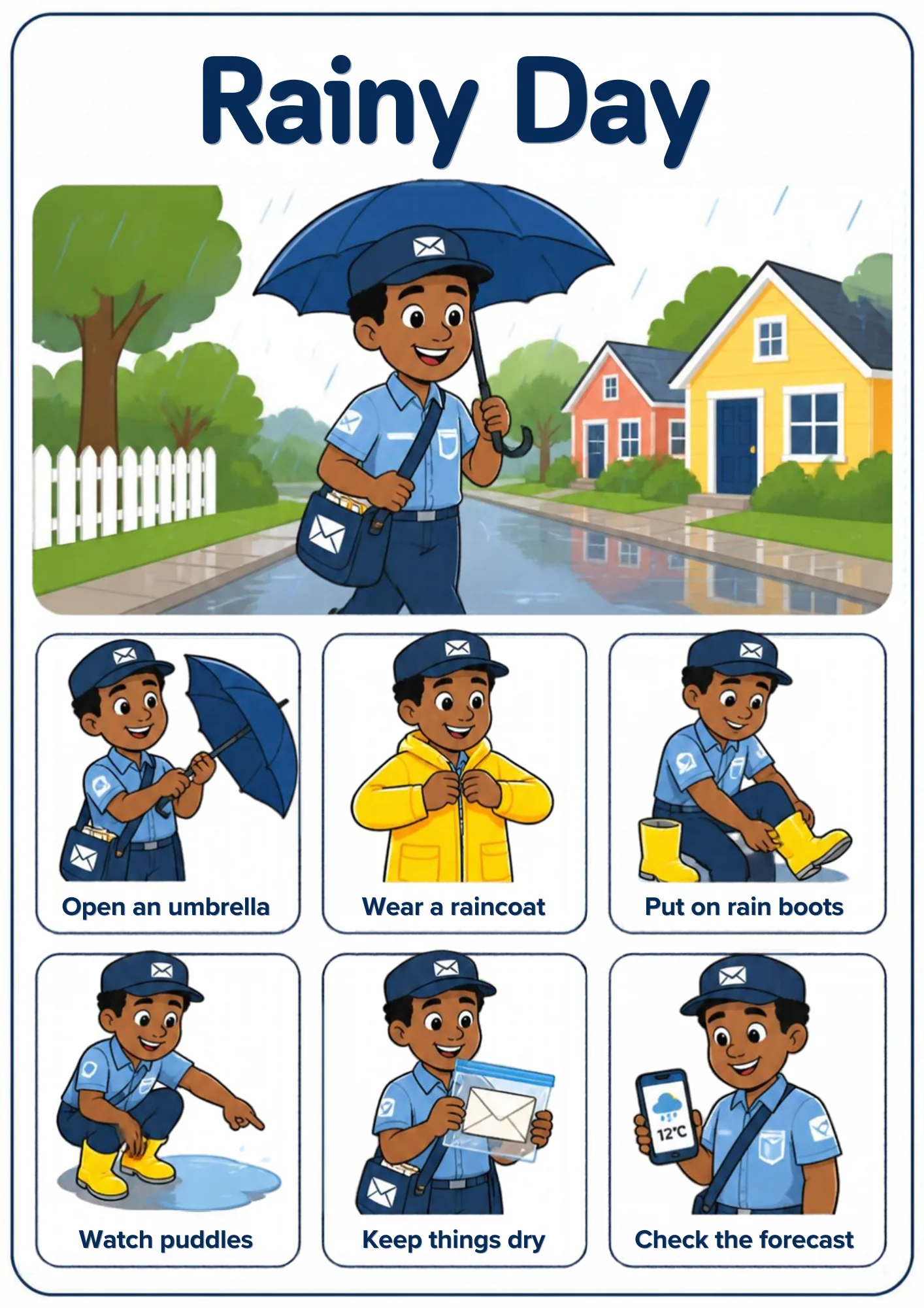 A weather flashcard titled Rainy Day: a postal worker walks under a navy umbrella past wet houses, and smaller pictures show him opening the umbrella, zipping a yellow raincoat, pulling on rain boots, watching puddles, keeping a letter dry in a plastic sleeve and checking a 12°C forecast.