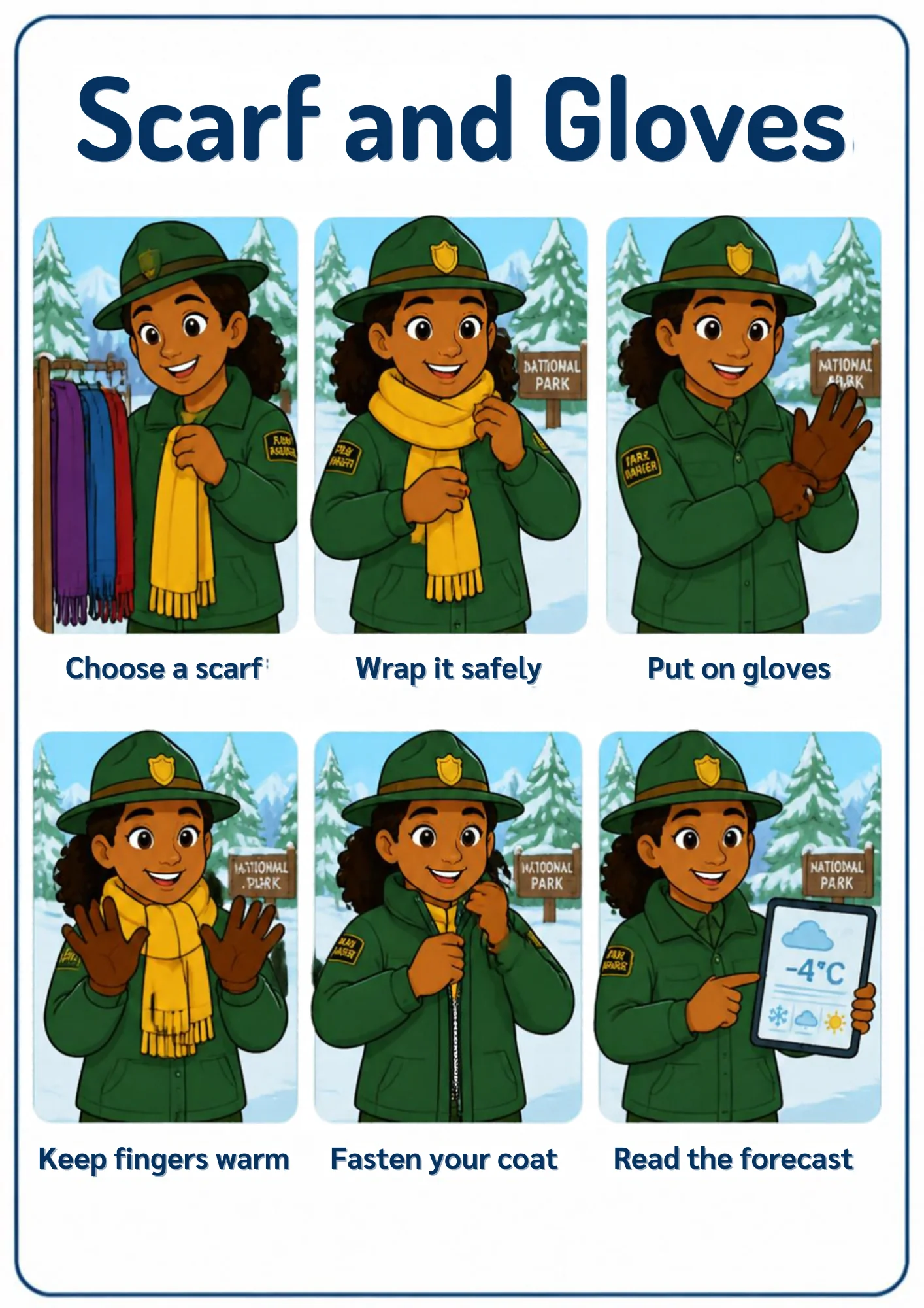 A weather flashcard titled Scarf and Gloves: a park ranger in a snowy national park chooses a yellow scarf from a rack, wraps it snugly around her neck, pulls on brown gloves, wiggles warm fingers, fastens her coat and reads a −4°C forecast.