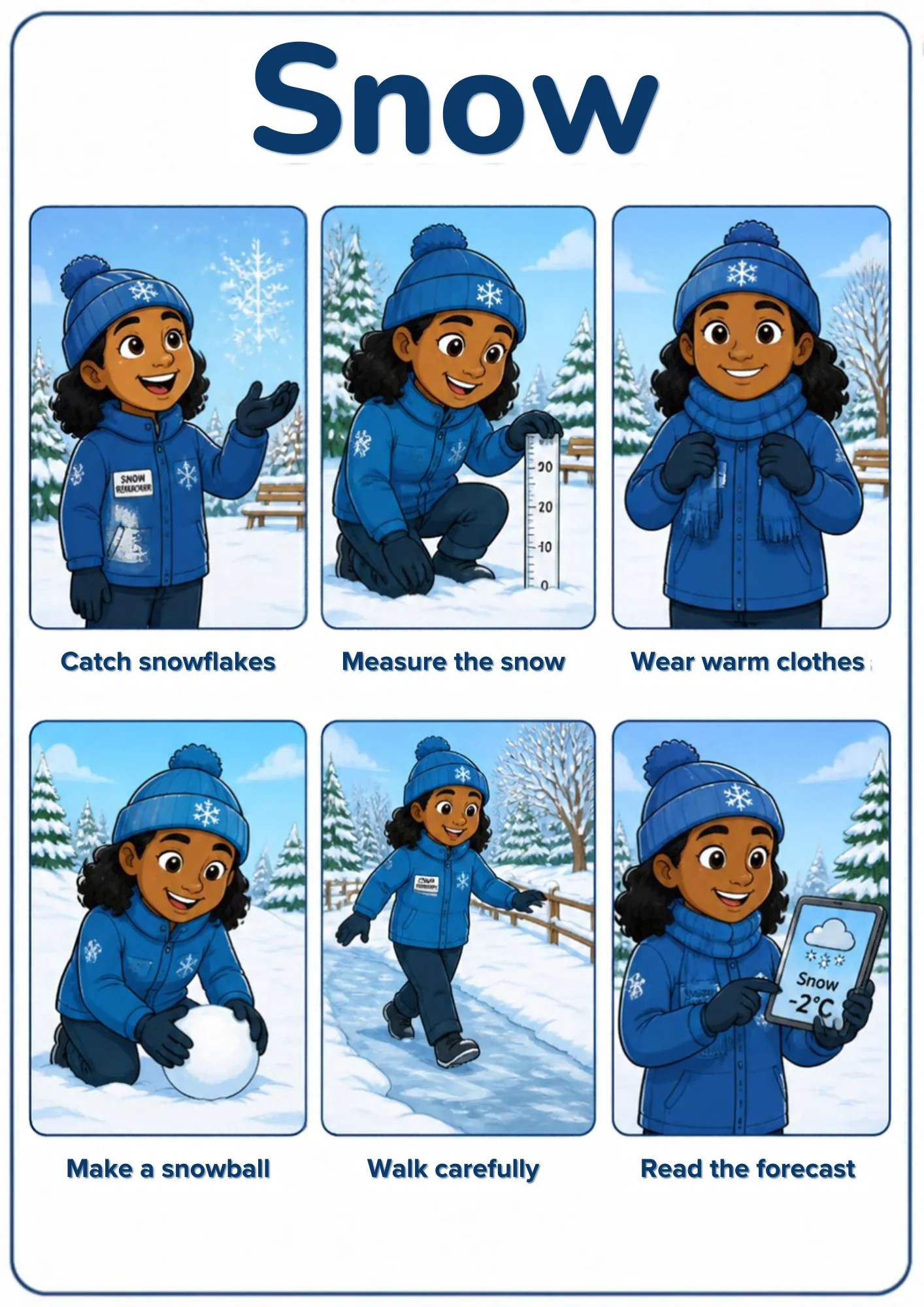 A weather flashcard titled Snow: a girl in a blue pom-pom hat and winter coat catches a snowflake, measures snow depth with a ruler, fastens warm clothes, rolls a snowball, walks carefully on an icy path and reads a Snow −2°C forecast.