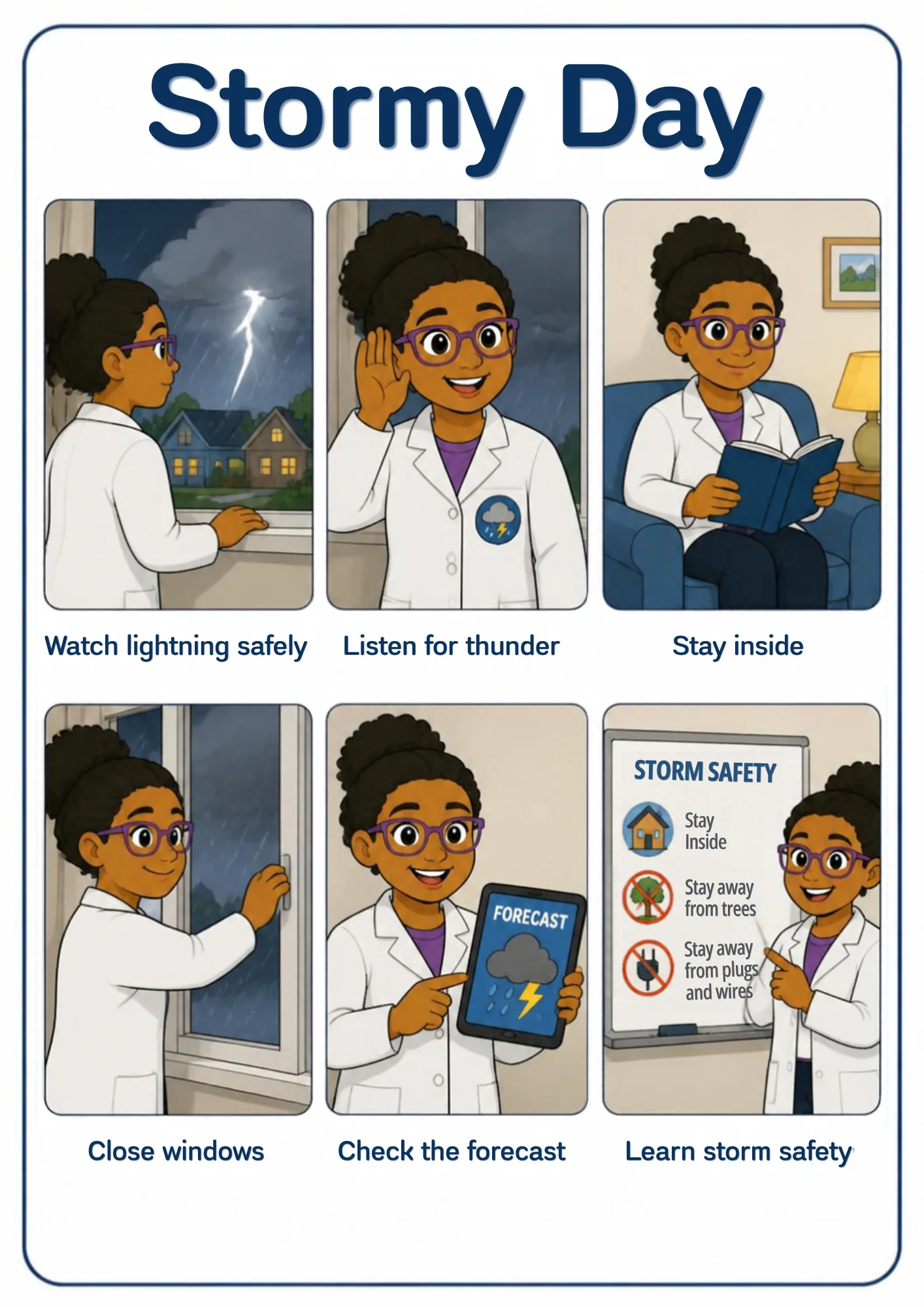 A weather flashcard titled Stormy Day: a scientist stays indoors watching lightning through the window, listens for thunder, reads in an armchair, closes the window latch, checks a storm forecast and points at a storm-safety poster telling readers to stay inside and away from trees and plugs.