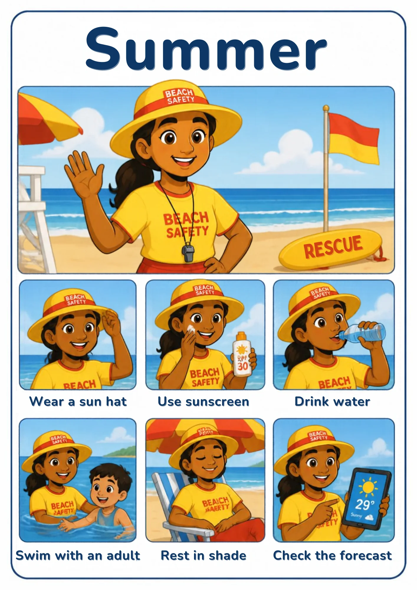 A weather flashcard titled Summer: a beach-safety lifeguard in a yellow hat waves on the sand beside a red-and-yellow flag and rescue board, and smaller pictures show sunscreen, drinking water, swimming with a child, resting in shade and a 29° sunny forecast.