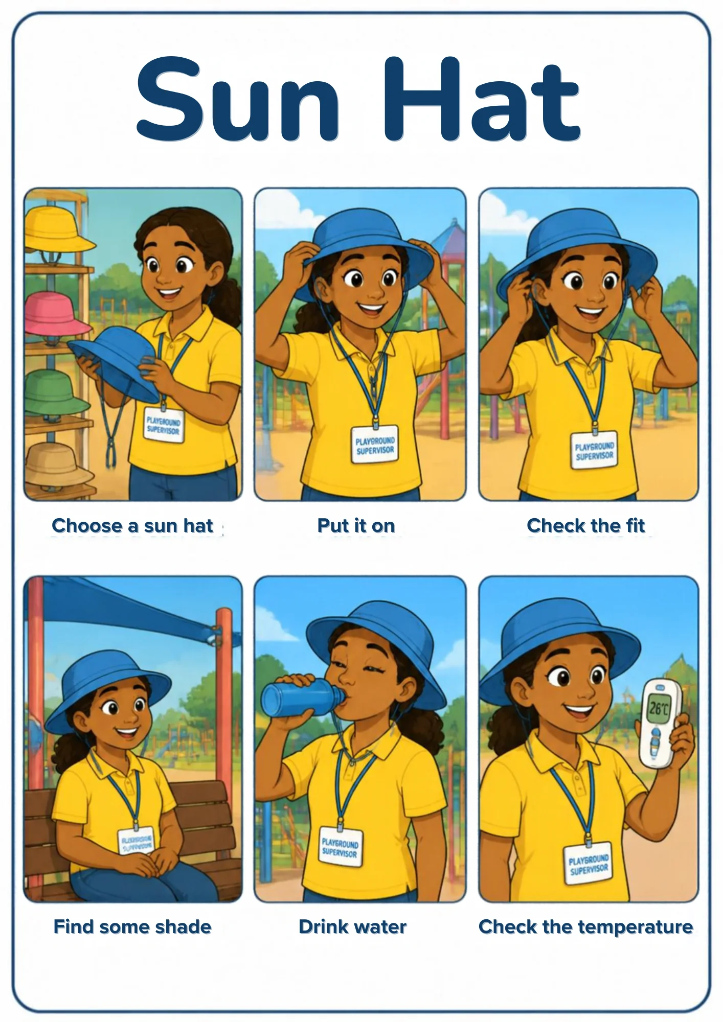 A weather flashcard titled Sun Hat: a playground supervisor in a yellow shirt chooses a blue sun hat from a shelf of colourful hats, puts it on, checks the chin-strap fit, sits in the shade of a sail, drinks water and shows a thermometer reading 26°C.