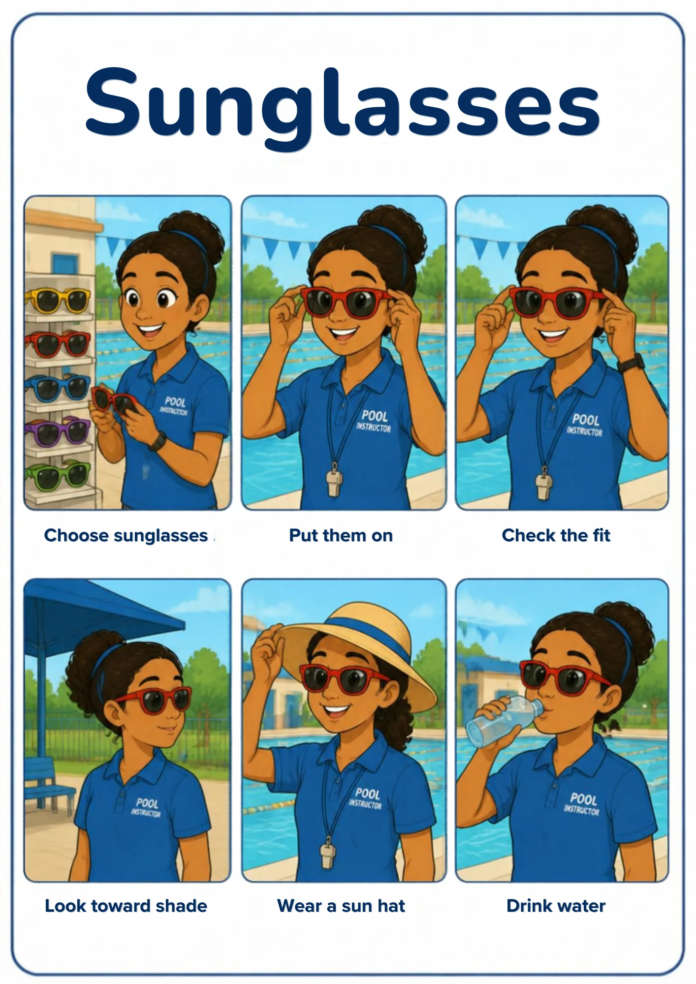 A weather flashcard titled Sunglasses: a pool instructor in a navy polo chooses red sunglasses from a display rack, puts them on, checks the fit, looks toward the shade, wears them with a straw sun hat and drinks water by the pool.