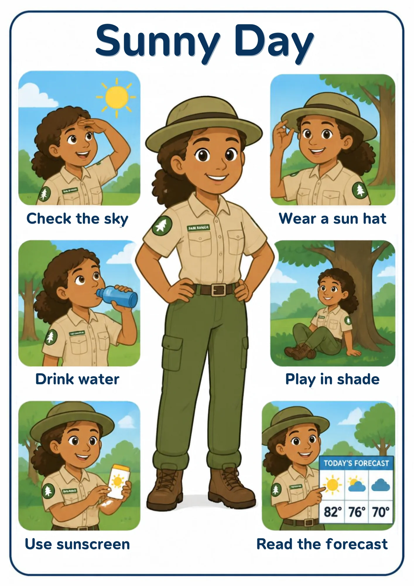 A weather flashcard titled Sunny Day: a park ranger shades her eyes under a bright sun, adjusts her hat, drinks water, plays in tree shade, squeezes sunscreen and reads a three-day forecast board with sunny, partly cloudy and cloudy icons.