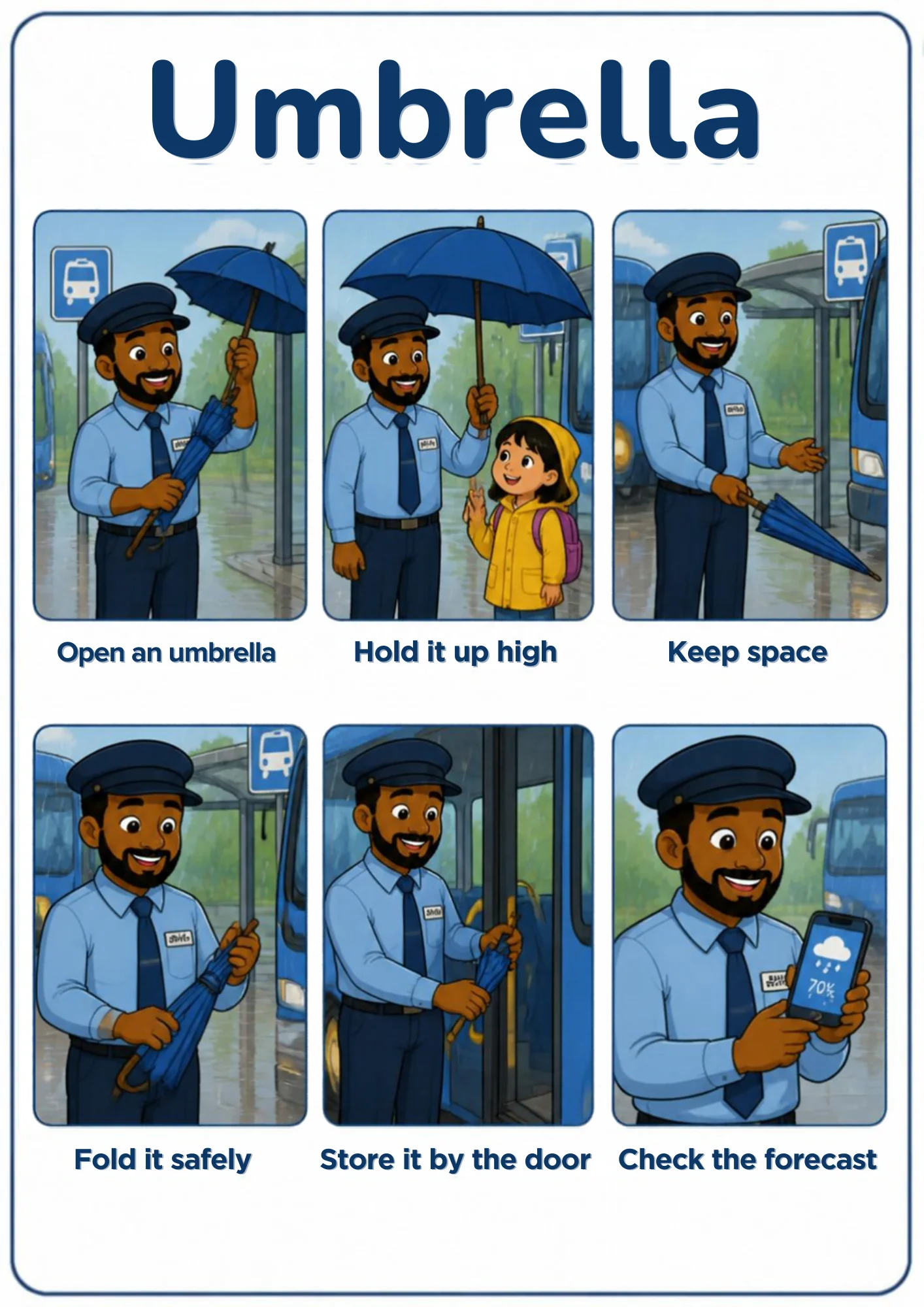 A weather flashcard titled Umbrella: a bus driver at a rainy bus stop opens a navy umbrella, holds it up high beside a small child in a yellow raincoat, keeps space around the spokes, folds it safely, stores it by the door and checks a 70% rain forecast on his phone.