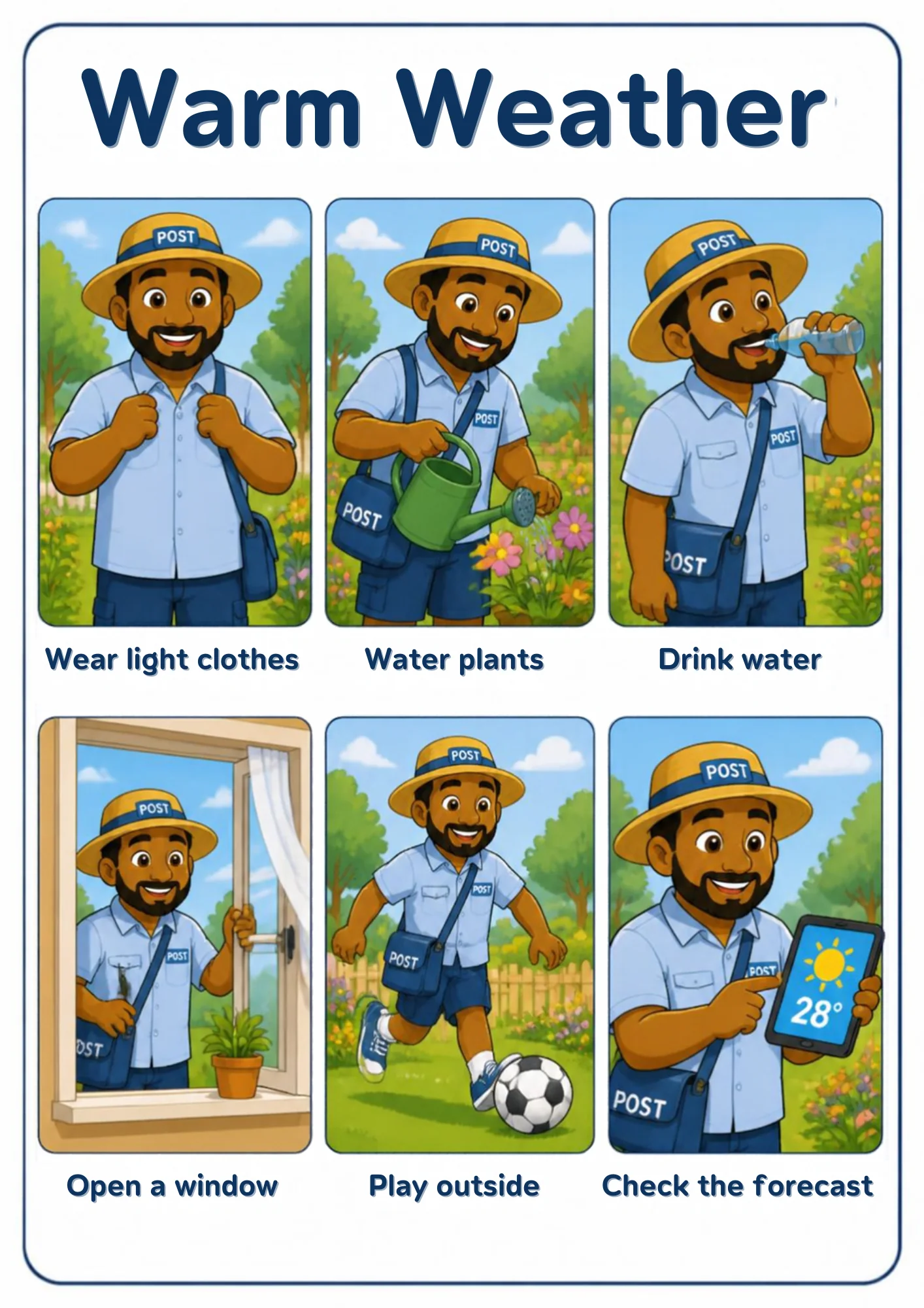 A weather flashcard titled Warm Weather: a postman in a straw hat and light shirt waters flowers with a green can, drinks water, opens a window, kicks a football in the garden and reads a 28° sunny forecast.