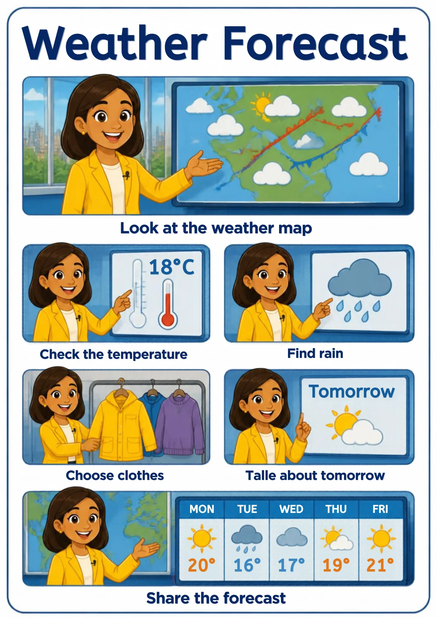 A weather flashcard titled Weather Forecast: a TV presenter in a yellow blazer points at a weather map, thermometers reading 18°C, a rain-cloud board, a rail of three jackets, a tomorrow board and a five-day chart with sun, rain and cloud icons.